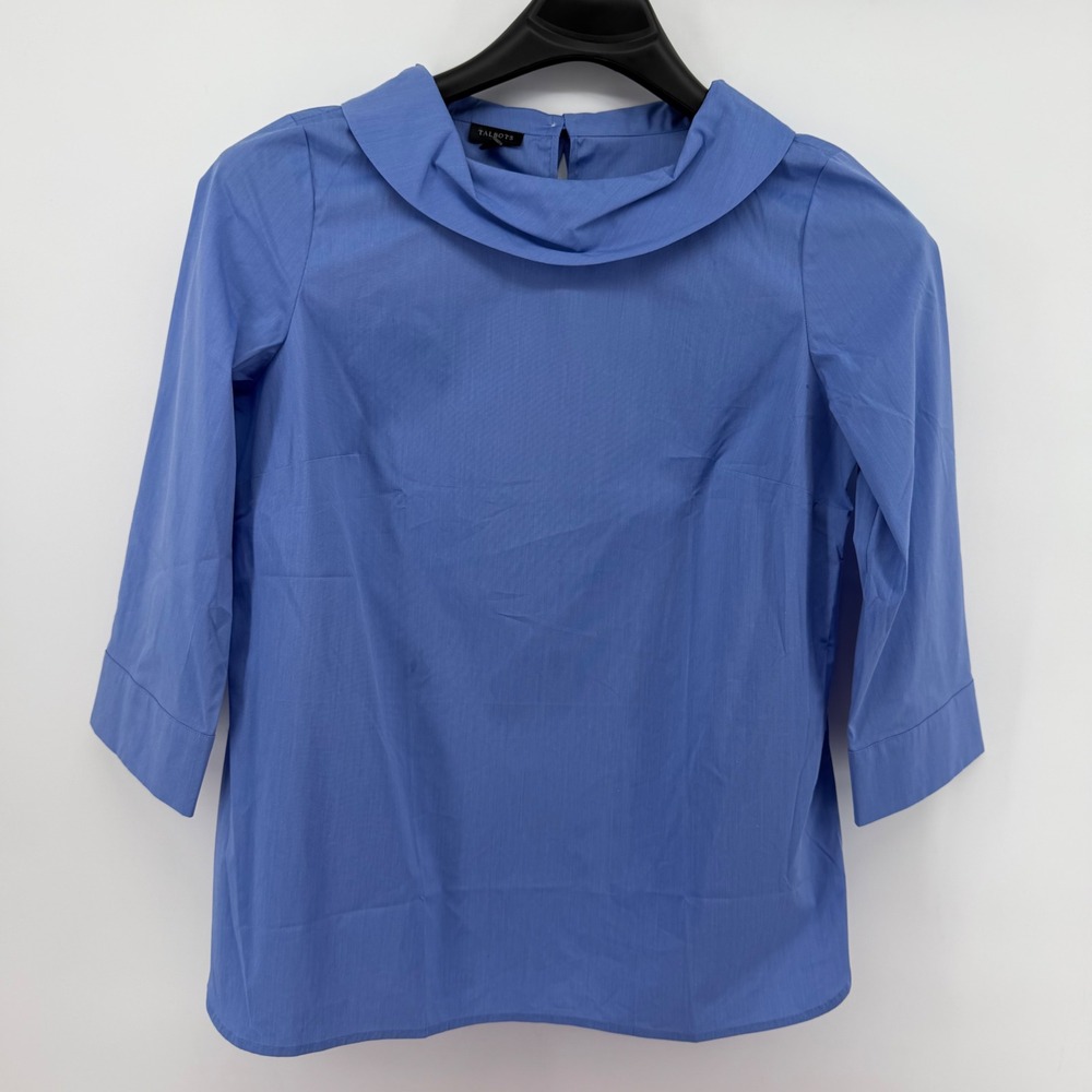 Talbots Blouse Womens M Blue Everyday Stretch Poplin Portrait Collar 3/4 Sleeve